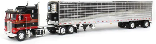 DCP 1/64 Rojo y Negro Kenworth K100 Aerodyne Marco Largo con Remolque Frigorífico Cromo, por First Gear, 60-1556