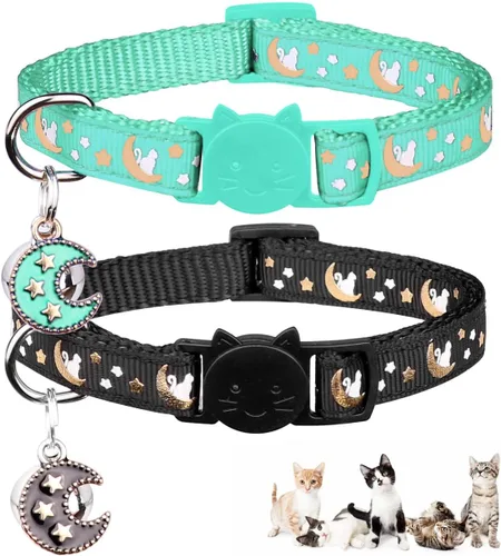Miniatura 8 de Baeuppit 2 collares de gatos separables para niños y gatos, ajustables, con campana, color negro y azul claro Negro + azul claro