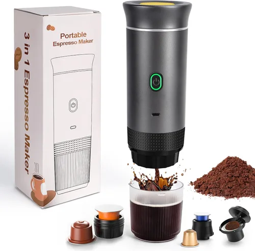 Máquina eléctrica de café expreso, cafetera portátil 3 en 1 para viajes, autocalentamiento de 4 a 6 minutos, compatible con café molido y cápsulas