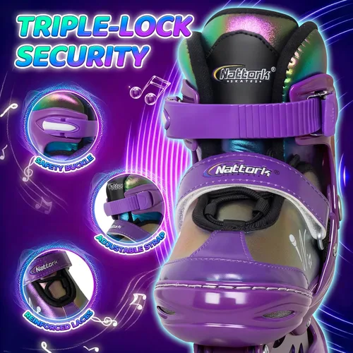 Miniatura 3 de Nattork Patines en línea ajustables para niños y adolescentes con ruedas iluminadas, color degradado, deslizamiento suave Púrpura