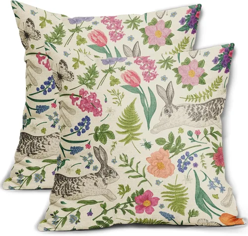 Juego de 2 fundas de almohada de primavera de 16 x 16 pulgadas, diseño de conejo, flores rosas, hojas verdes salvia, plantas botánicas vintage, con