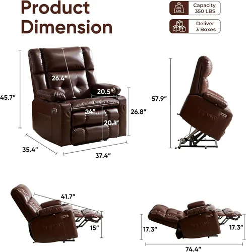 Miniatura 2 de Silla reclinable de elevación eléctrica de doble motor para personas mayores con masaje y calor, silla elevadora de gran tamaño con almacenamiento