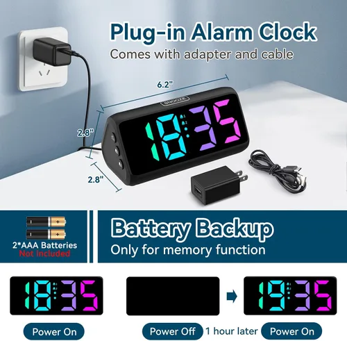 Miniatura 3 de Reloj despertador Netzu extra fuerte para personas que duermen pesadas, relojes despertador RGB para dormitorios para adultos mayores y niños, reloj