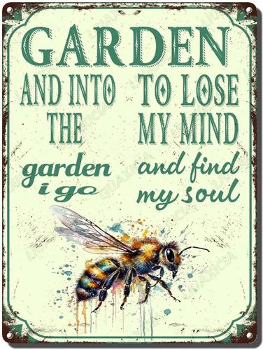 Miniatura 10 de LIUAXICIA Letreros divertidos de metal con texto en inglés "In The Garden to Lose My Mind and Find My Soul Bee Garden - Letreros de lata