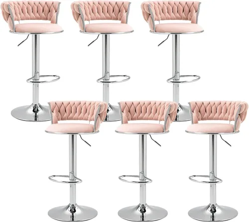 Miniatura 19 de Juego de 2 taburetes de bar giratorios de terciopelo, modernos taburetes de bar ajustables con respaldo tejido, taburete de bar de altura