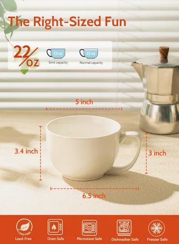 Miniatura 2 de Sweese Juego de 4 tazas de café grandes de porcelana de 22 onzas, tazas de sopa grandes con asas, perfectas para café, té, chocolate caliente, aptas
