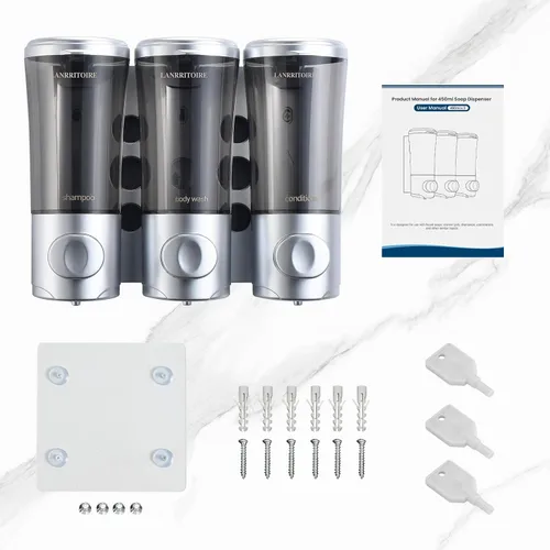 Miniatura 7 de Dispensador de Champú y Acondicionador, Dispensador de Ducha de 3 Cámaras sin Taladro, Dispensador de Champú para Ducha Montado en la Pared