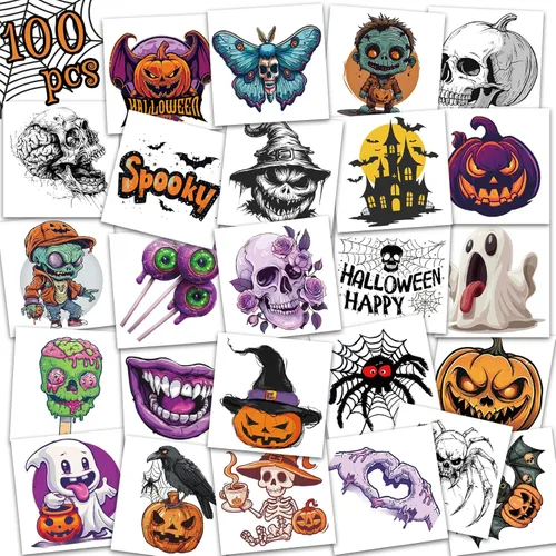 Miniatura 8 de Ozepao Juego de 10 hojas de calcomanías temporales de tatuaje de Halloween, 88 diseños únicos con calabazas, calaveras, esqueletos, fantasmas