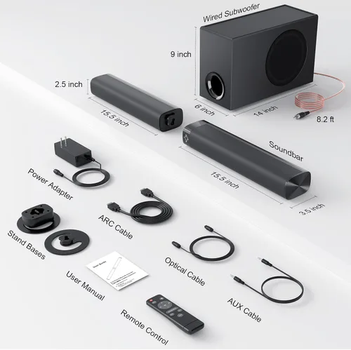 Miniatura 8 de Barra de sonido Assistrust con subwoofer, barra de sonido de 110W para Smart TV, con graves profundos y aumento de volumen y 3 modos de ecualizador