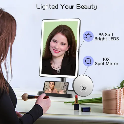Miniatura 7 de FUNTOUCH Espejo de tocador de maquillaje recargable con luces, espejo de escritorio grande iluminado con 96 luces LED y aumento de 10x, iluminación