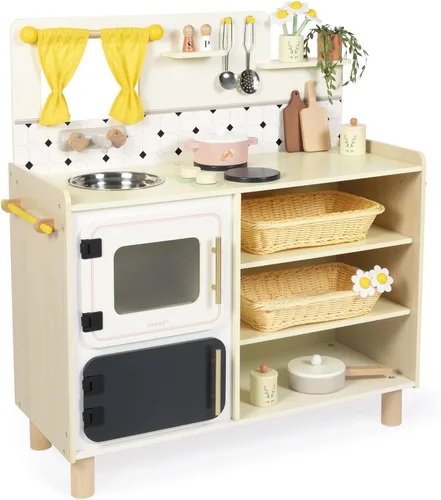 Janod - Cocina grande de madera para niños - Equipada con 2 hornos, fregadero y 16 accesorios incluidos - Botones de sonido giratorios - Juguete de