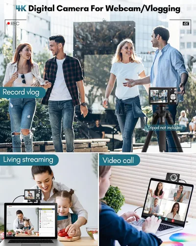 Miniatura 8 de Cámara digital 4K, cámaras de enfoque automático de 48 MP para fotografía, cámara compacta de vlogging con cámara frontal y trasera, cámaras de Negro