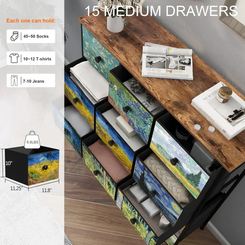 Miniatura 5 de EXOTICA - Cómoda grande con 15 cajones, cómoda alta de tela Van Gogh para dormitorio, sala de estar, entrada, armario con marco de metal resistente
