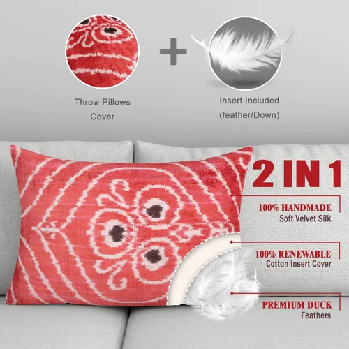 Miniatura 4 de Almohada de terciopelo hecha a mano, 16 x 24 pulgadas, inserto de plumas de plumón de alta calidad, diseño geométrico con colores rojo, naranja