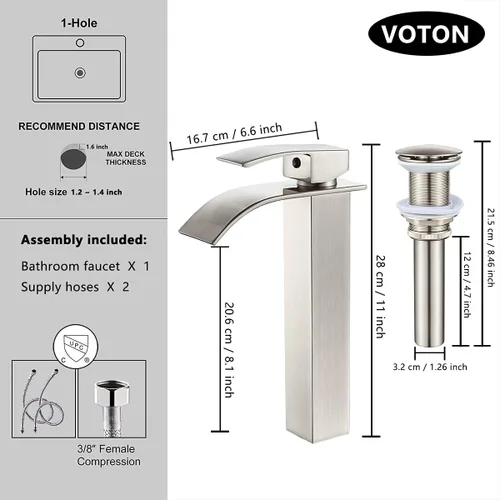 Miniatura 4 de VOTON - Grifo de fregadero de níquel cepillado moderno alto con cascada para fregadero de baño, con desagüe desplegable, grifo de baño de una sola