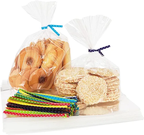 Newkita Bolsas de celofán transparente de 6x8 pulgadas - Bolsas para cake pops/golosinas con lazos de torsión de 4 pulgadas, paquete de 100