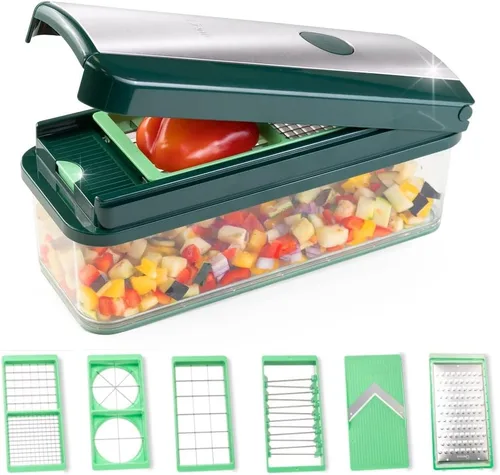 Genius Nicer Dicer - Juego exclusivo de cortadores de verduras de 15 piezas, cuerpo y cuchillas de acero inoxidable verde, incluye cortador de