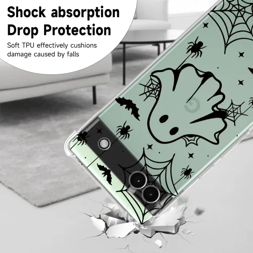 Miniatura 7 de Funda de Halloween para Google Pixel 6A transparente con diseños de murciélagos fantasmas, funda para teléfono para niñas, elegante, delgada, a