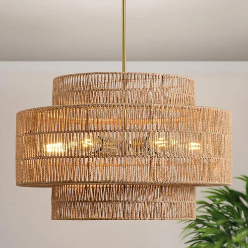 Miniatura 18 de 12.4” Candelabro de ratán boho, 1 luz, lámpara colgante tejida a mano, lámpara colgante rústica de estilo granja para isla de cocina, recámara