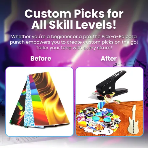 Miniatura 6 de Pack de regalo Pick-a-Palooza DIY para punzón de púa de guitarra - Fabricante de púas premium con llavero de cuero, 4 tiras y una lima - Negro