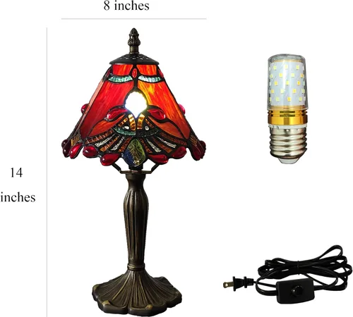 Miniatura 5 de Tiffany - Lámpara de mesa con perlas rojas, estilo barroco, vitral, luz de escritorio, pequeña lámpara de noche estilo Tiffany con bombilla LED