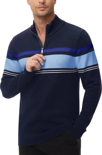 Miniatura 2 de MAGCOMSEN Suéteres de algodón con cremallera de 14 para hombre, suéter tipo polo, a rayas, para otoño e invierno, sudaderas cálidas