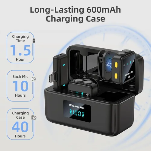 Miniatura 4 de VM32 Mini micrófono inalámbrico para iPhone 17 16 15 teléfono Android, micrófono de solapa Lavalier USB C con estuche de carga de 40 horas