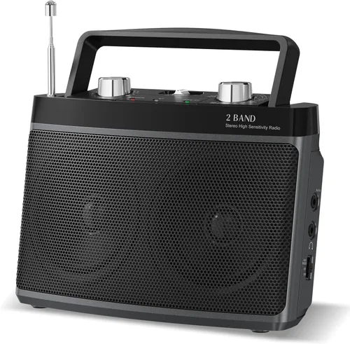 AM FM Radio portátil enchufable de pared o batería para el hogar y al aire libre, fuerte recepción y sonido estéreo, fácil de usar, conector de Negro
