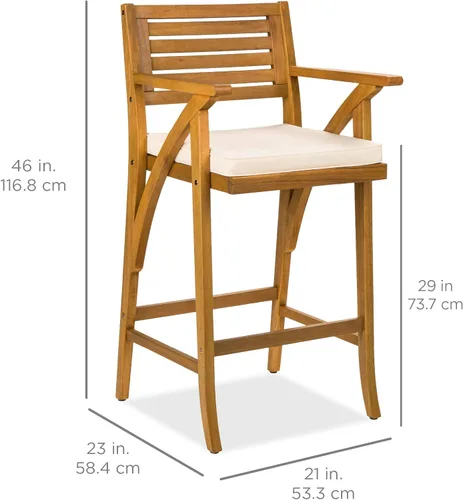 Miniatura 3 de Best Choice Products Juego de 2 taburetes de bar de madera de acacia para exteriores, sillas de bar para patio, piscina, jardín con cojines Crema
