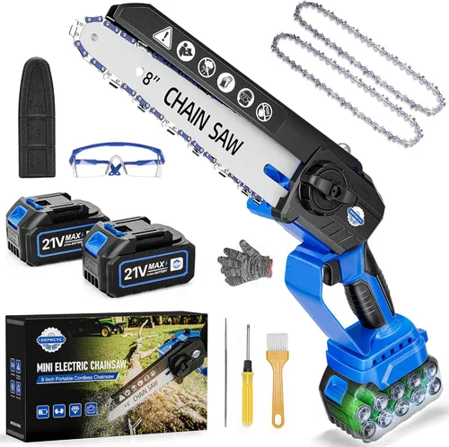 Mini motosierra eléctrica de 8 pulgadas, motosierra eléctrica portátil sin cable, motosierra de mano con 2 baterías, herramientas de jardín para