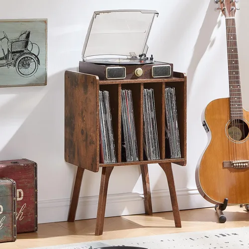 Miniatura 6 de LELELINKY Soporte para tocadiscos, mesa de almacenamiento de discos de vinilo con 4 gabinetes de hasta 100 álbumes, soporte para tocadiscos