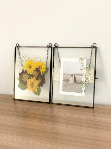 Miniatura 2 de Beedecor Juego de 2 marcos colgantes de vidrio doble para flores prensadas, hojas y obras de arte, marco flotante de metal grande con cadena, marcos