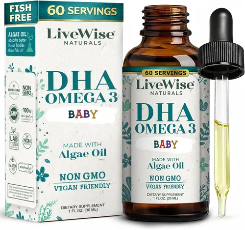 LiveWise Naturals Omega 3 DHA Baby Drops - Omega 3 líquido vegano para bebés o bebés de hasta 2 años - Suplemento esencial de DHA para el cerebro,