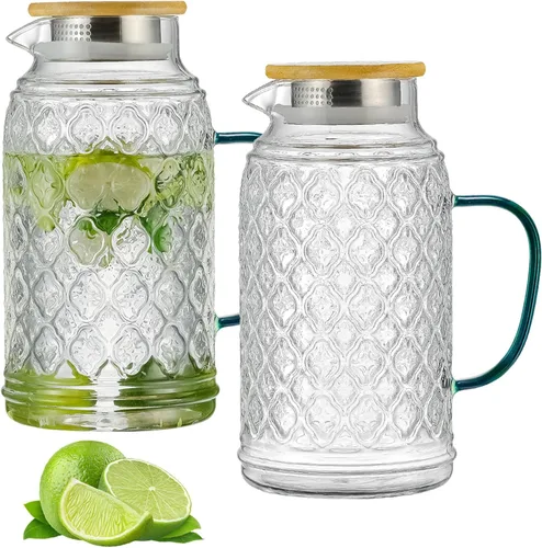 Miniatura 10 de Buaic Jarra de Vidrio con Tapa y Asa, PAQUETE DE 2 de 68 oz/2 Litros Jarra de Agua para Refrigerador con Diseño Vintage de Mariposa Pintado a Mano