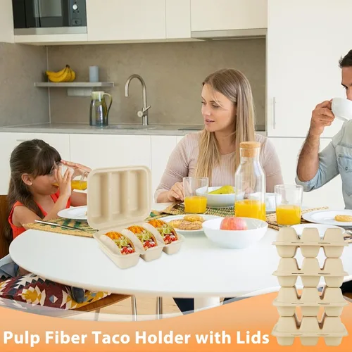 Miniatura 7 de JMIATRY 50 soportes desechables para tacos con tapas, platos desechables para tacos con 3 compartimentos, divisores de fibra de pulpa, desechables