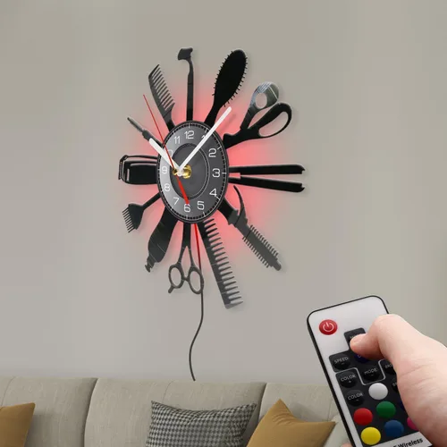 Miniatura 7 de Reloj de pared con herramientas de peluquería de 12 pulgadas con 7 colores cambiantes, reloj de pared para peluquería y negocios, reloj de pared