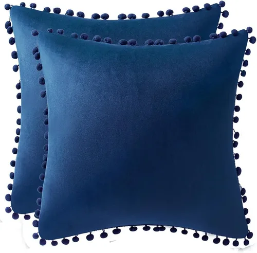 DEZENE 18x18 Fundas de almohada decorativas azul oscuro: Paquete de 2 fundas de almohada suaves con pompones de terciopelo cuadrado para decoración