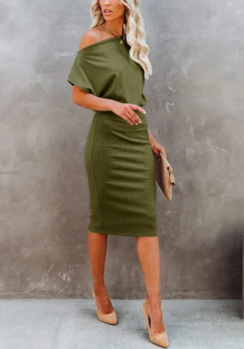 Miniatura 4 de Ezbelle Vestido por debajo de la rodilla, ajustado, para mujer, con hombro descubierto y manga corta, vestido acanalado informal y de fiesta