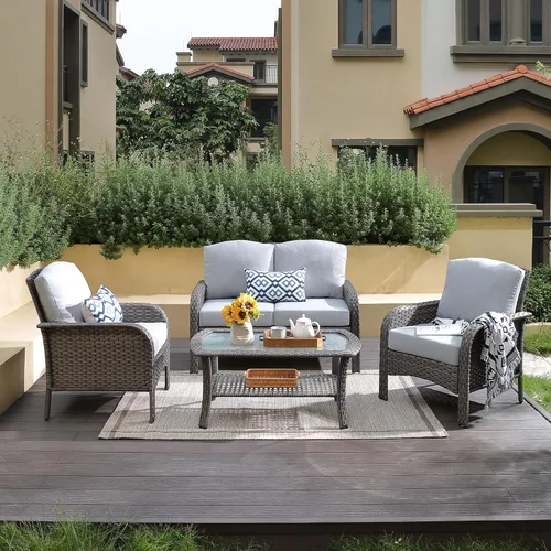 Miniatura 18 de CAODOC Juego de muebles de mimbre para patio, 4 piezas, para todo tipo de clima, sofá biplaza y mesa para patio trasero, balcón y terraza