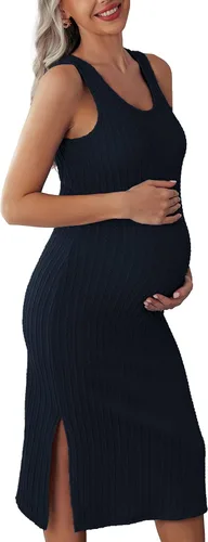 Ekouaer Vestido de maternidad para mujer, de punto acanalado, sin mangas, con abertura lateral, vestido ajustado para embarazo, tallas S-XXL
