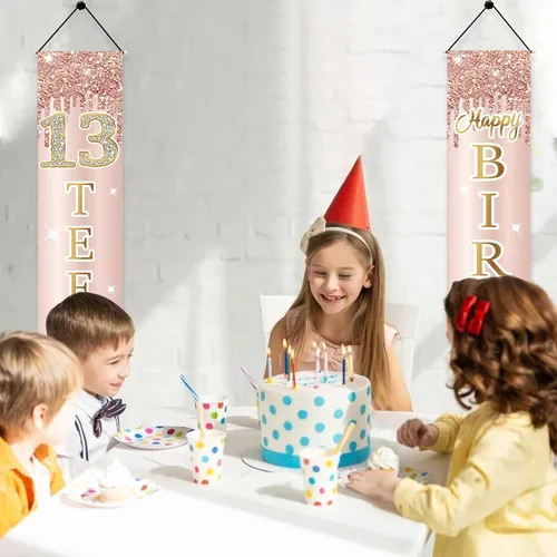 Miniatura 5 de Decoración de cumpleaños número 13 para niñas, cartel de feliz cumpleaños de 13 adolescentes, suministros para fiesta, telón de fondo de cumpleaños