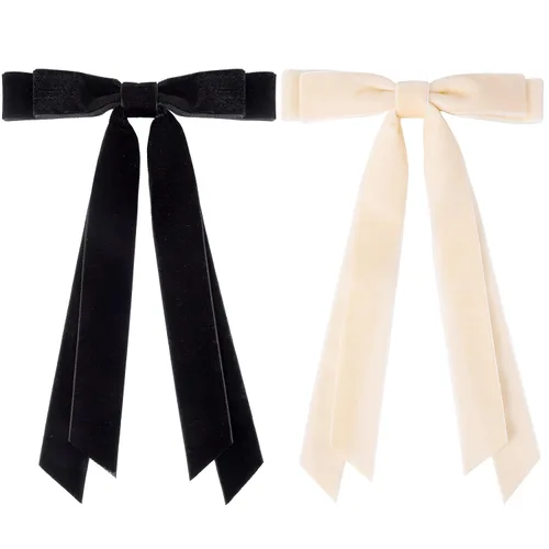 Miniatura 6 de 2 piezas de lazos para el cabello para mujeres, clip de pelo beige y negro, cinta de pelo, accesorios de pelo con moño, barrettes de pelo largo