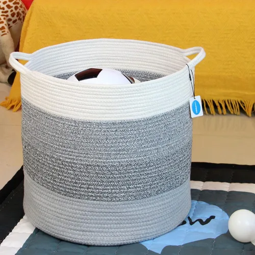 Miniatura 6 de Casaphoria Cesta de almacenamiento de cuerda de algodón para organizar, cesta redonda para mantas, sala de estar, cesta de lavandería tejida