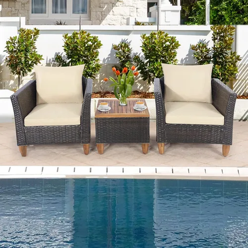 Miniatura 3 de RELAX4LIFE Juego de muebles de patio de 3 piezas de ratán para conversación al aire libre, con asientos acolchados y mesa de mesa de madera