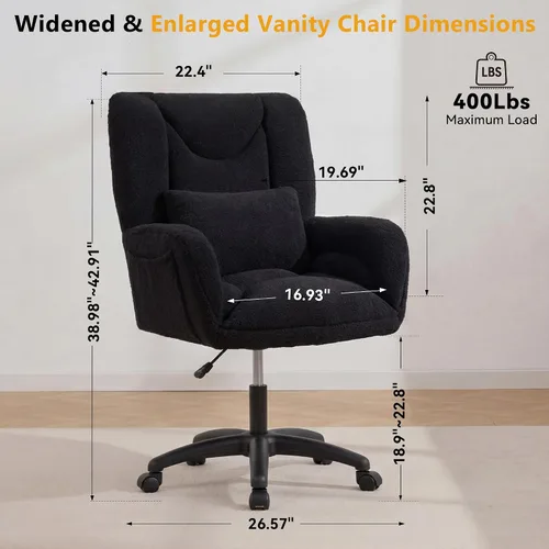 Miniatura 2 de FOXHUNTER Silla de tocador con respaldo ergonómico y ruedas, silla giratoria de 360°, silla de oficina en casa de altura ajustable para sala de Negro
