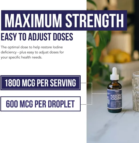 Miniatura 3 de Suplemento de yodo Nascent 400 porciones, botella de vidrio, vegano, 1800 mcg - 600 mcg por gota - Color puro y transparente - Apoya la salud