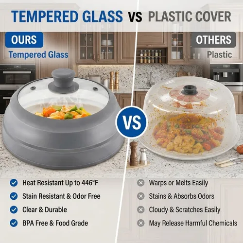 Miniatura 4 de Cubierta de salpicaduras de microondas para alimentos, cubierta de microondas de vidrio de 10.5 pulgadas con borde de silicona plegable, cubierta