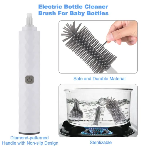 Miniatura 4 de Juego de limpiador eléctrico recargable para botellas con limpiador de cepillo de silicona de 3 piezas para biberones y cepillo limpiador de Blanco