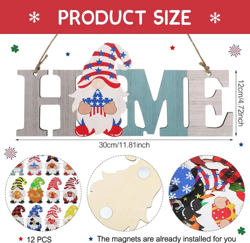 Miniatura 2 de 13 piezas de gnomo intercambiable para el hogar, letrero de madera 3D para Navidad, invierno, decoración de puerta de temporada, decoración rústica