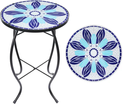 Miniatura 13 de VCUTEKA Mesa Auxiliar para Exteriores Mesa Auxiliar de Mosaico Mesa Auxiliar para Patio Mesa Auxiliar Pequeña con Tapa de Vidrio Mesa de Centro